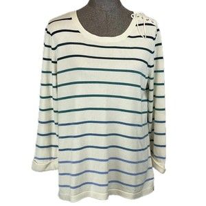 Talbots Sweater Sz Large Ivory Gradient Blue Ombre Stripes Lace Up Tie Shoulder